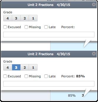 Grid View Entry When inputting scores in Grid View, without points, you'll see the information above. Select a Grade and the Default Value will automatically populate in the Percent field.