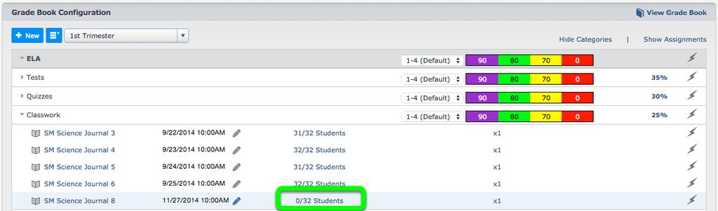 Option 2: From the Configuration page, click on the number of students for the Assignment you wish to enter grades.