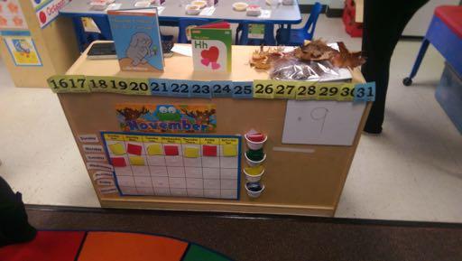 Figure 8: Examples of PD Resources in Peg + Cat ELM2 Classrooms FROM LEFT TO RIGHT: A NUMBER LINE CALENDAR AND PATTERN CALENDAR; A BOARD HIGHLIGHTING DIFFERENT WAYS TO REPRESENT THE NUMBER THREE.