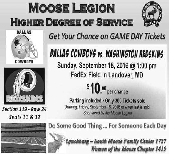 COWBOYS VS REDSKINS Sunday September 18th at 1:00 pm $10 per chance. Wins 2 tickets and parking. Only selling 300 tickets.