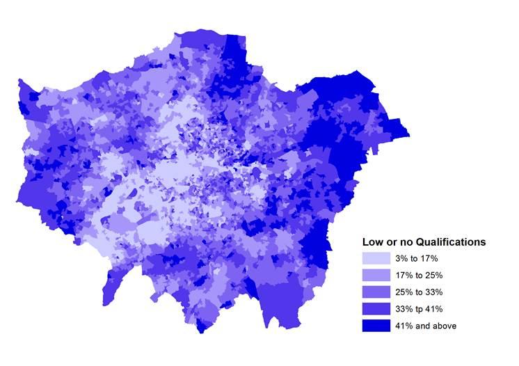 Low or no qualifications 1.9 million Londoners held low or no qualifications in 2011; almost three in ten. Borough-level proportions varied considerably from this average.