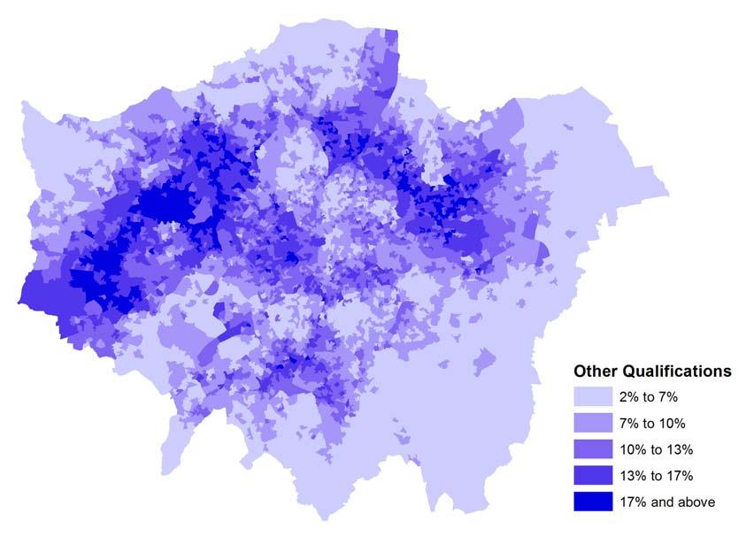 Figure 9: Map showing proportions of usual residents aged 16 and over holding other qualifications, LSOAs in London, 2011 Source: 2011 Census table QS510EW Boroughs in the highest proportions were
