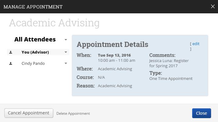 If you click Details, a Manage Appointment window will open where you can delete, cancel, or edit the
