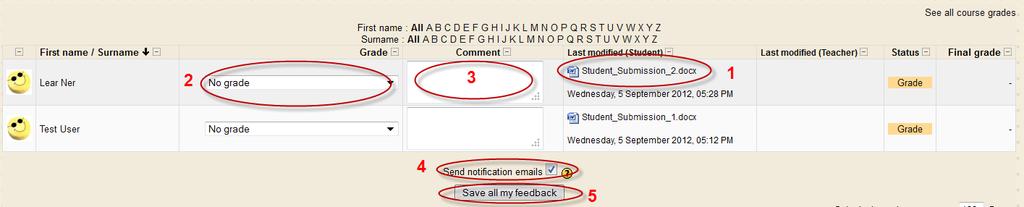Download the students submitted document. 2. Select a grade from the dropdown menu. 3. Add a comment. 4.