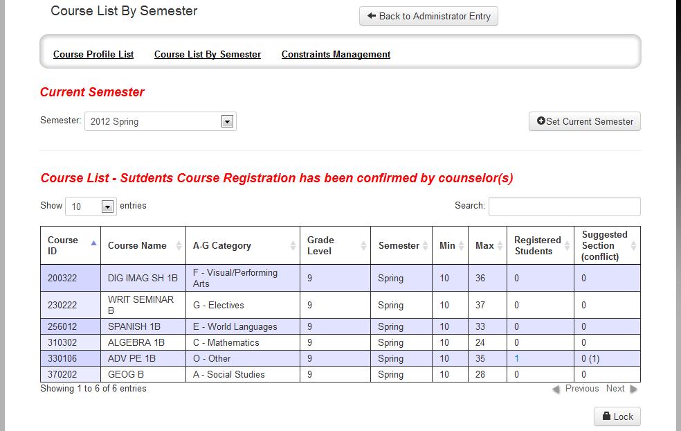 3.4.1.5 Student List on Section Conflicts By clicking the number of registered students on the Course List by Semester page, a scheduler is routed to student list on section conflicts page.