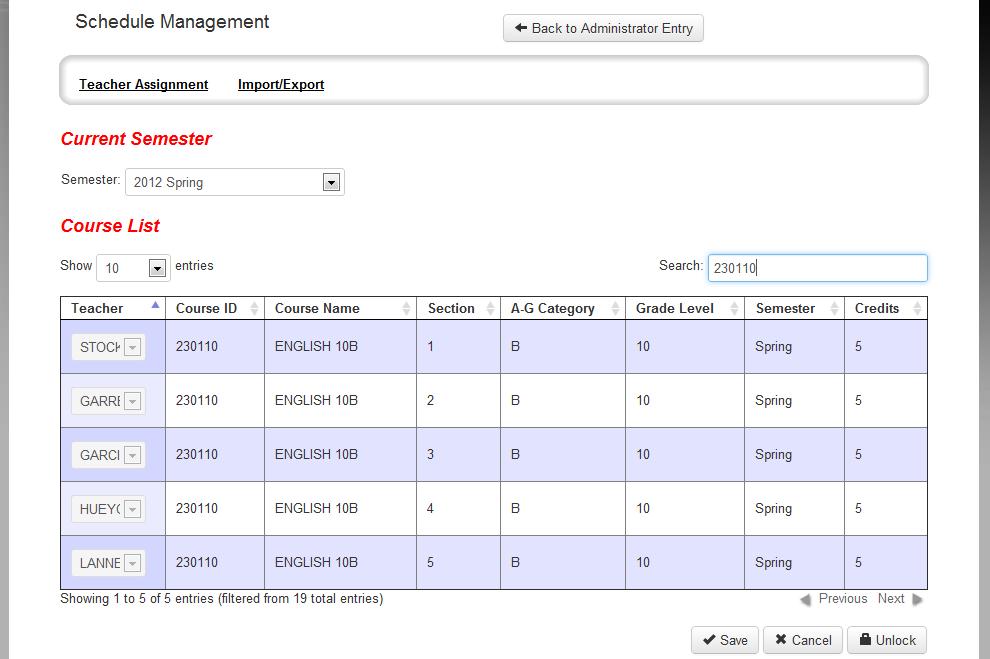 3.4.2.2 Import/Export The User is provided with buttons to Export Activity to CSV File, Import from Teacher Schedule CSV file, and Import from Student Schedule CSV file.