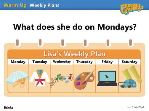 12-13 : Tracks 26-30 PPT: U2_L2 Weekly Plans Weekly Plans Show a picture of any weekly schedule that is full. Point to each day in random order and ask What does he/she do on?