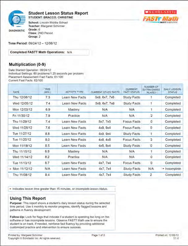 Student Lesson Status Report Purpose: To show daily lesson status of individual students during selected time period; to monitor progress and identify flagged lessons and patterns in fluency