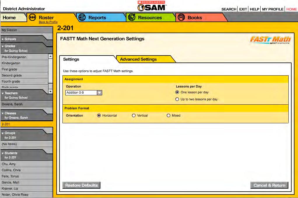 Program Settings Teachers may individualize students experiences by adjusting Program Settings in SAM. The Program Settings Screen has two tabs: Settings and Advanced Settings.
