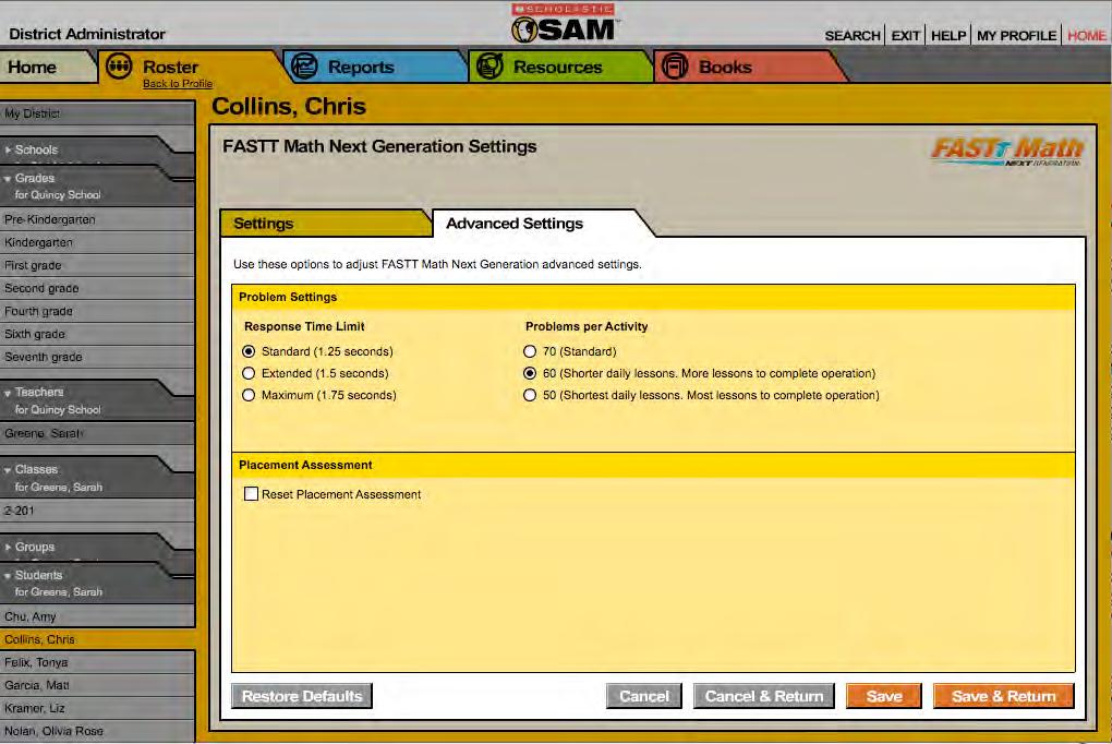 Using the Advanced Settings Tab In the Problem Settings box of the Advanced Settings tab, teachers may set students Response Time Limit and Problems per Activity.