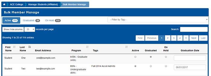 Select Graduated next to each student s name, or refine your table by entering a group s tag into the search bar to show an entire group