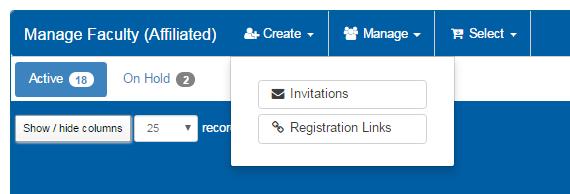 You may invite clinical instructor by clicking the Create dropdown and selecting Invitations [13].