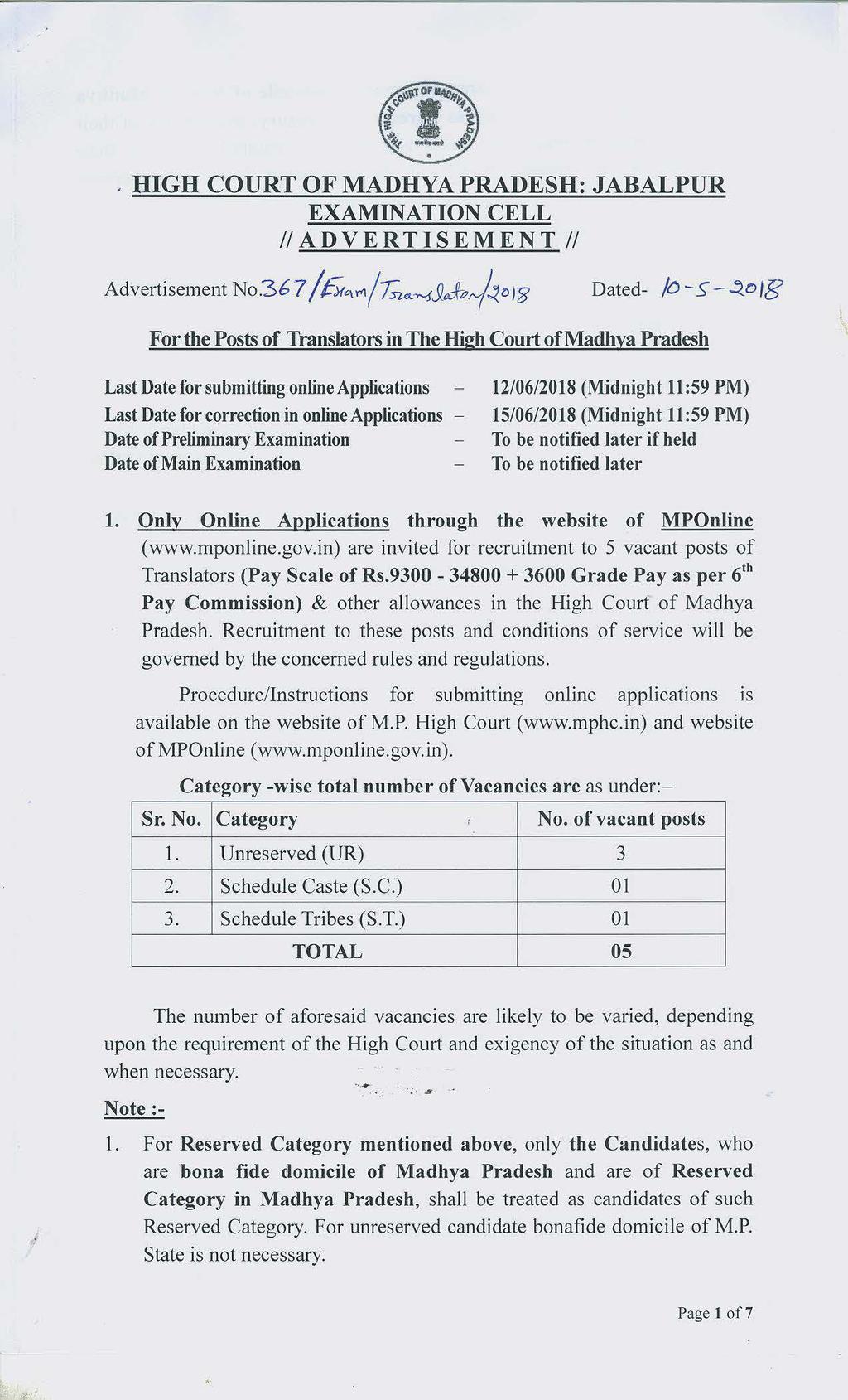 , HIGH COURT OF MADHYA PRADESH: JABALPUR EXAMINATION CELL II ADVERTISEMENT II Advertisement No.36 7 / fitt1t.r<i/~-1jal-prv/.:j.