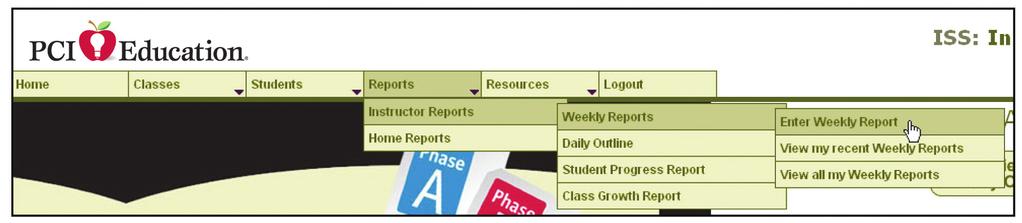 The Daily Outline is useful for keeping track of student progress each week and lesson planning. 2. Enter Weekly Report Opens up the Weekly Report Wizard. 3.