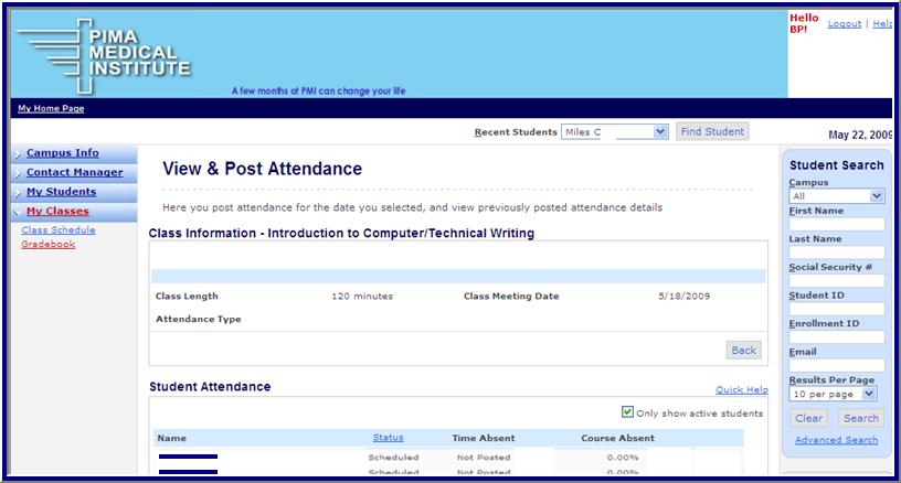 Clicking on one of the dates that requires posting will load the View & Post attendance form, which builds a course roster.