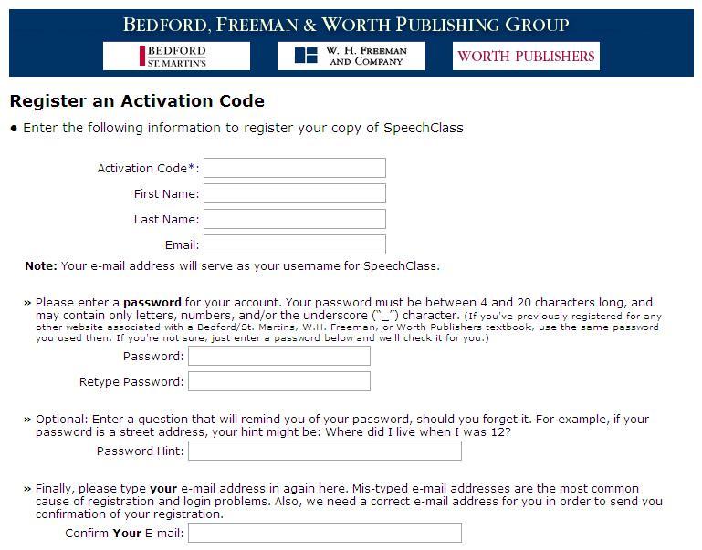 Students then enter the Activation Code from their access card, their name, and their email address. 3. Students create a password and password hint.