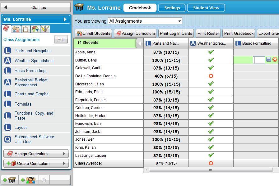 Step 5: Classes: Gradebook Clicking the name of the class in the left navigation menu displays the class in its entirety.