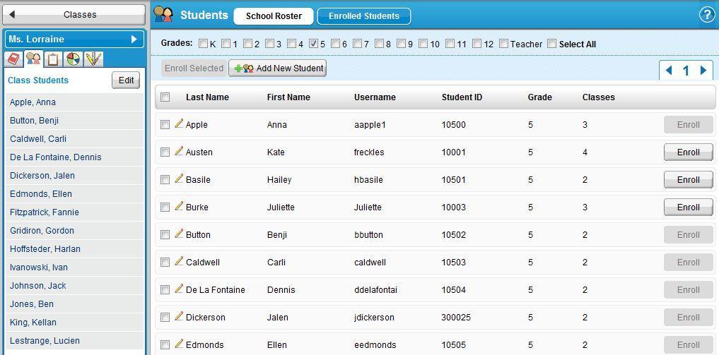 Clicking the Enroll button to the right of each student s name will enroll that student into the selected class under Class Students. The button is active when it is white.