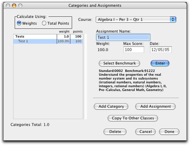 21 of 41 categories/assignments into. Figure 14: Categories and Assignments screen with an assignment selected. 3. Adding Assignments: Assignments are the individual scores that comprise the category.