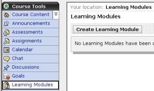 13. Setting up the Learning Module and adding files to it The first step in the creation of a Learning Module is to click on the 'Learning Module' link in the 'Course Tools' menu (make sure you