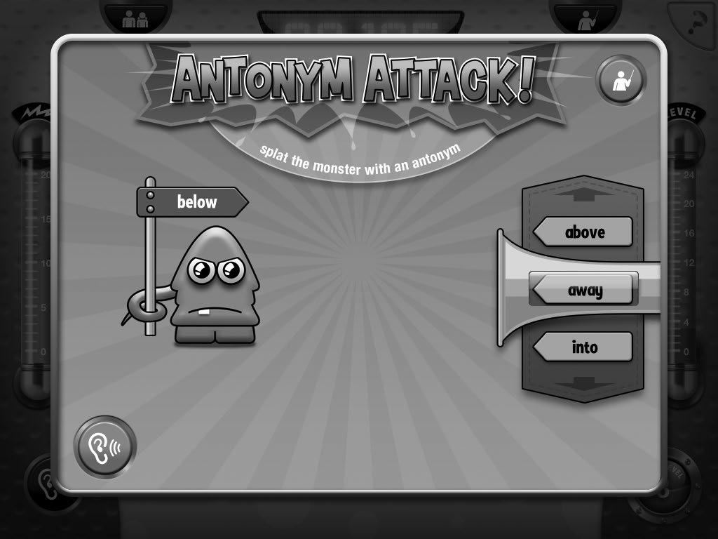 Playing Antonym Attack Scoring +100 points if you answer three questions correctly on your first try +50 points if you answer two questions correctly on your first try +25 points if you answer one