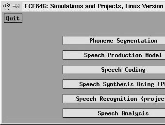 Figure 1. Initial Selection Screen For example, the student can easily see the quasi-periodic nature of voiced speech and the noise-like characteristics of unvoiced speech.