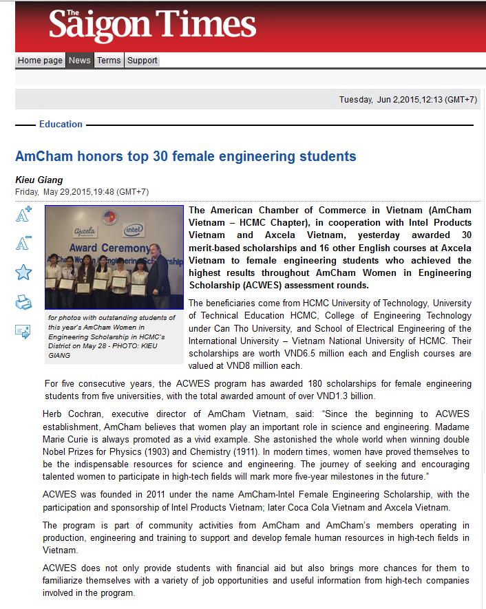 Publication THE SAIGON TIMES Date MAY 29, 2015 AMCHAM HONORS TOP 30 FEMALE ENGINEERING