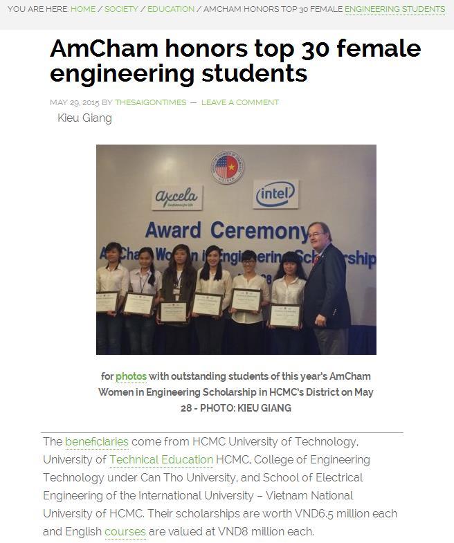 Publication TALK VIETNAM Date MAY 29, 2015 AMCHAM HONORS TOP 30 FEMALE ENGINEERING STUDENTS