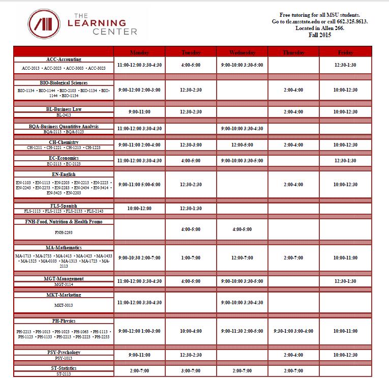Tutoring Schedule 2015 The Learning