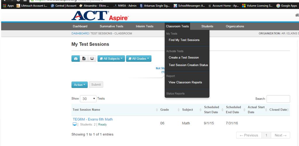 The Test Session Details show the Test Name, the students that are enrolled in the test and the username and password for students to use to take the test.