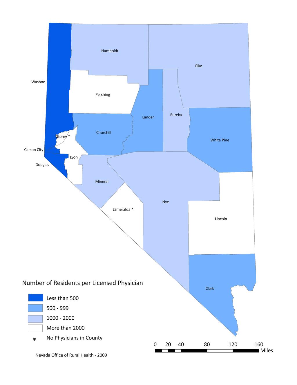 Figure 9 highlights the considerable variation in geographic distribution of the physician workforce across Nevada.