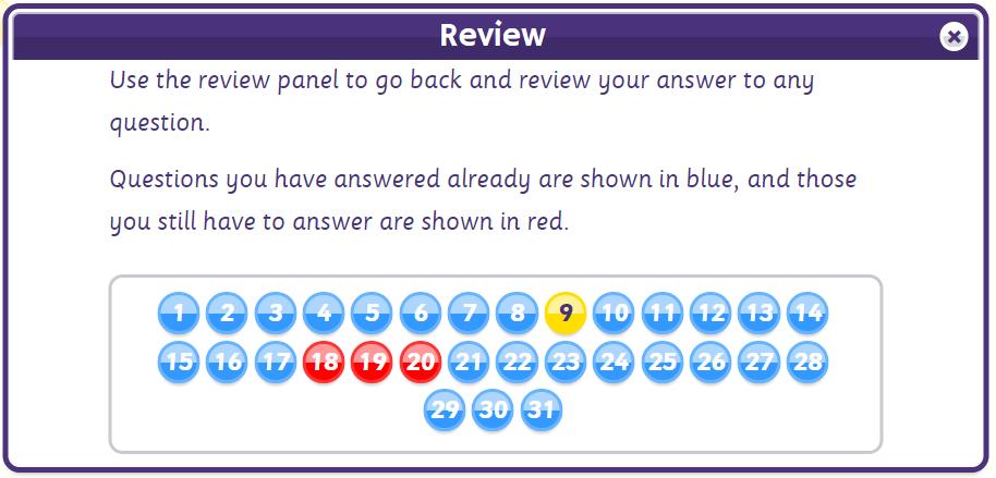 by clicking on the Review button, the pupil will see an overview of all the questions in the test, and see which questions they have answered as well as which they