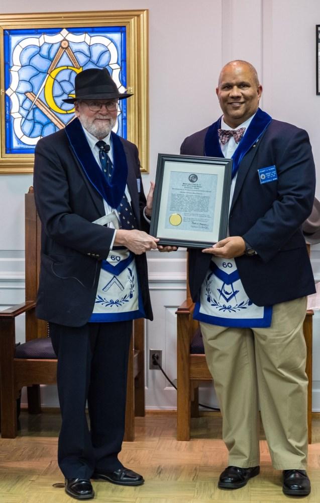 presenting RW Bill Bond with Grand Lodge Certificate of Appreciation