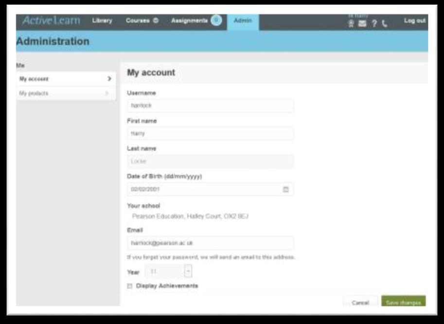 Managing your account 1. To manage your account, click on the Admin tab in the menu bar. 2. On the page that opens, you can see your username, name, date of birth and other details.