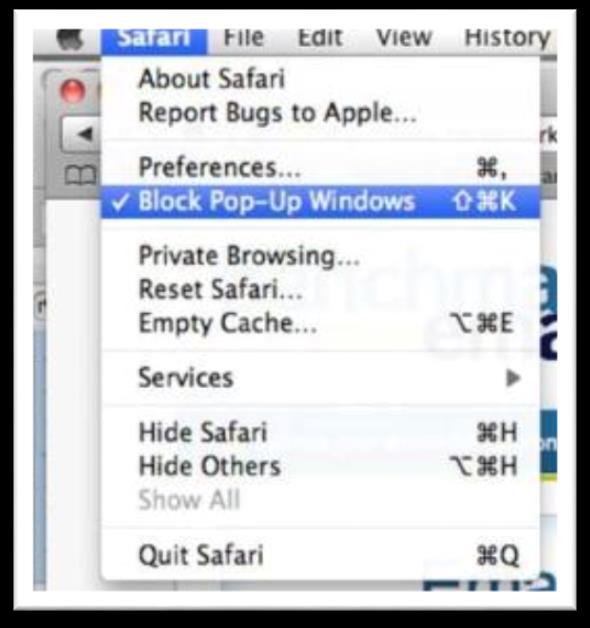 Technical Apple Safari 1. Open Safari. 2. Click on the Safari menu (see screenshot) in the top left-hand corner of the Safari window.