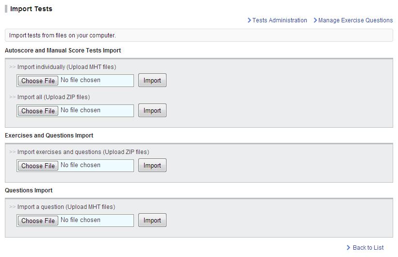 Export an autoscored / manual score test Export tests one by one Click of a test on Tests Administration page and select Export (a). The test will be downloaded as an MHT file.