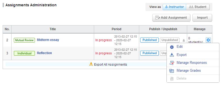Export assignments (c) Export an assignment individually Click in Assignments Administration page and select Export (a). The test will be downloaded as an MHT file.