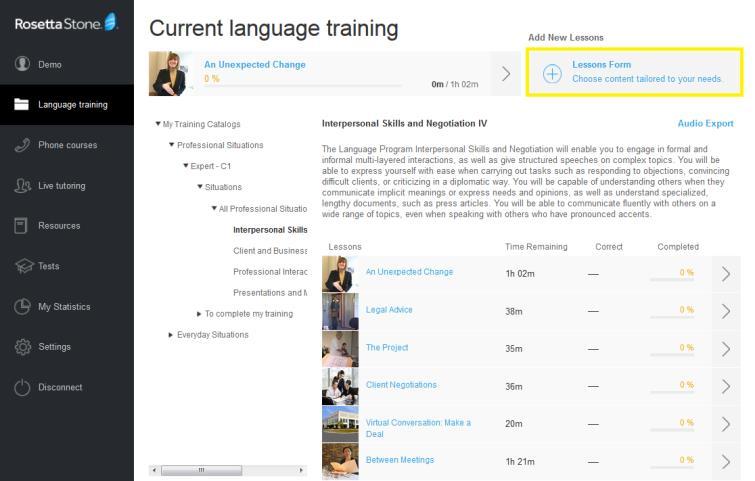 Current Language Training For more details on the program chosen, click on the Language Training tab.