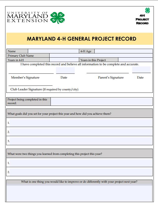 General Project Record Form Introductory Page Identify personal information Specific project you