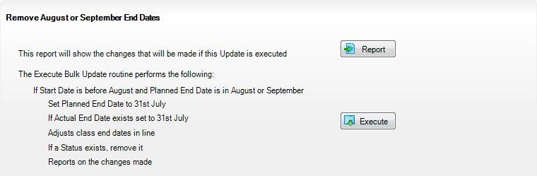02 Preparing Data for the Previous Academic Year Running the Remove August or September End Dates routine performs the following actions within the parameters of If Start Date is before August and