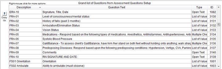 Grand list of Questions from Assessment Questions Setup: Sort on the Description column to group the questions added for this assessment.