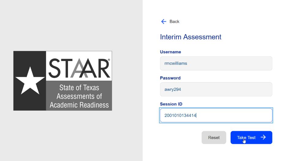 Students click the Interim Assessment button to access the login page. A practice test and tutorials are available (no login is required).
