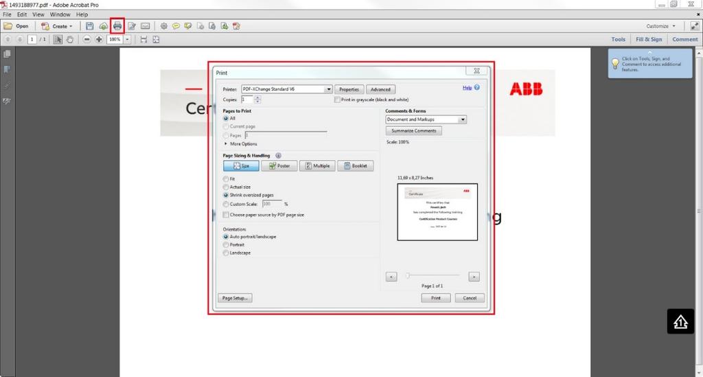 3. Now you are able to access the PDF file saved on your computer. Simply open it and then choose the Print icon. Adjust the desired printing settings and print your certificate.