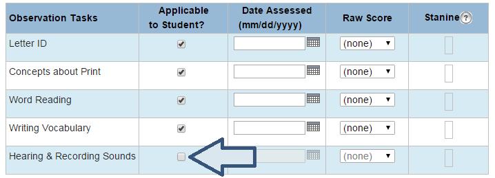 Observation Tasks o All the remaining Tasks are checked Applicable to Student by default, indicating they are all to be filled in before the survey is completed.