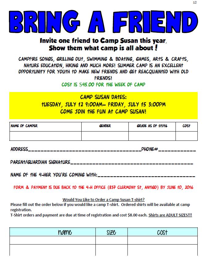 Camp Susan Dates: Tuesday July 11-9:00 AM Friday