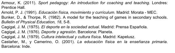 Vicente, M. (1987) Teoría pedagógica de la actividad física. Madrid: Gymnos. (Teaching unit I). Seybold, A.