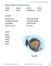 New Teaching (continued) Read the Warm-Up Sheet for Whale Songs Turn to page 149 in the activity book. Have your student practice reading words and phrases that will be encountered in Whale Songs.