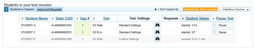 Pausing a Student s Test s can pause an individual student s test using the Pause Test column in the Students in Your Test Session table.