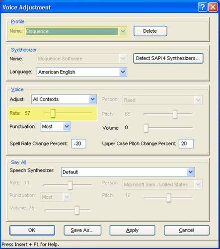 Adjusting JAWS Voice Profile The JAWS voice profile refers to the voice used by JAWS. Users can adjust the JAWS voice profile by following the instructions below. 1. Go to JAWS Menu > Options. 2.