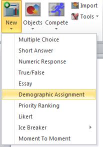 EXERCISE SEVEN Demographic Comparison 1. Select the last slide in your PowerPoint presentation. 2. Click the New button and select Demographic Assignment. 3.
